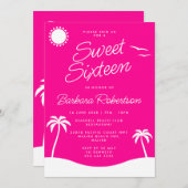 Invitation Fille rose Tropical Beach Sweet sixteen Script (Devant / Derrière)
