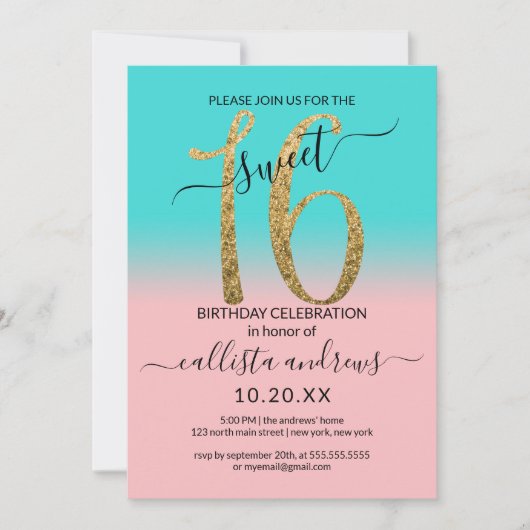 Invitation Fille rose Turquoise Parties scintillant or Ombre  (Devant)