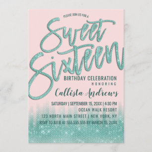 Invitation Fille rose Turquoise Parties scintillant Typograph