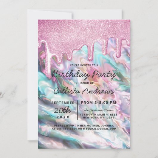 Invitation Fille rose Turquoise Pearl Opal Parties scintillan (Devant)