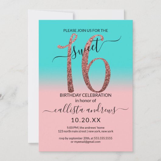 Invitation Fille rose Turquoise Rose Parties scintillant or O (Devant)