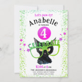 Invitation Fille Rose Vert Chat Noir Paw Parties scintillant  (Devant)