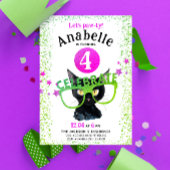 Invitation Fille Rose Vert Chat Noir Paw Parties scintillant
