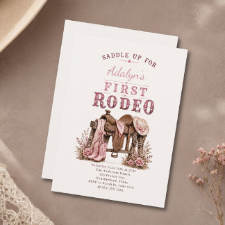 Invitation Fille Rose Vintage Premier Rodéo 1er Anniversaire