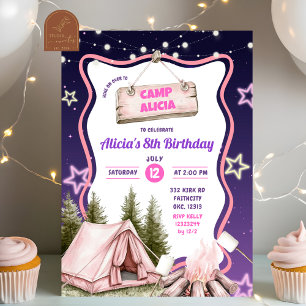Invitation Fille Rose Violet Camping Anniversaire