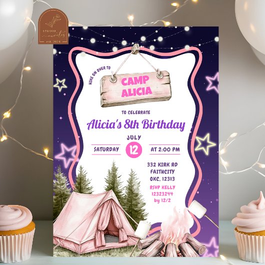 Invitation Fille Rose Violet Camping Anniversaire