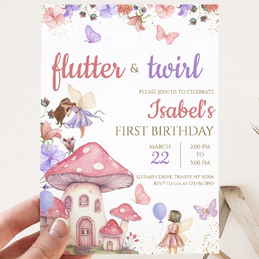 Invitation Fille Rose Violet Floral Fée Anniversaire