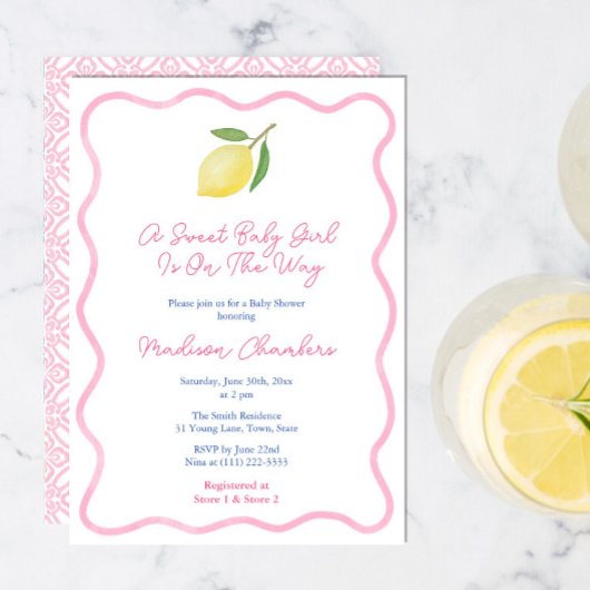 Invitation Fille rose Wavy Line Lemon Sweet Baby Girl Douche