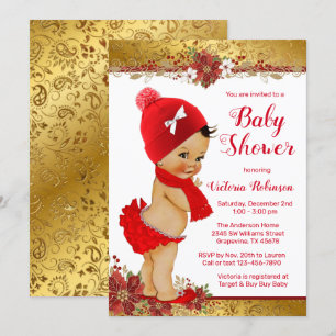 Invitation Fille Rouge Baby shower de Noël d'or ethnique