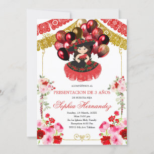 Invitation Fille Rouge et Or Mexicaine Charra Balloon Tres An