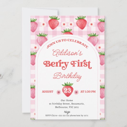 Invitation Fille Rouge Fraise Berry Sweet 1er anniversaire (Devant)
