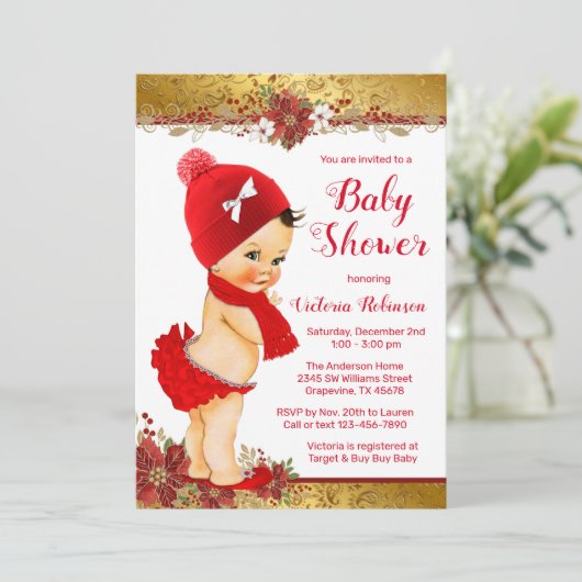 Invitation Fille Rouge or Baby shower de Noël Brunette (Debout devant)
