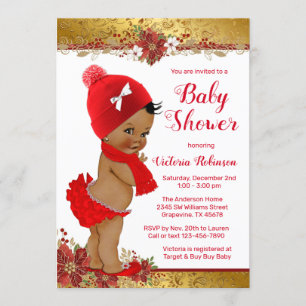 Invitation Fille Rouge Or Noël Baby Shower Africaine