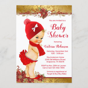 Invitation Fille rouge or Noël Baby Shower Blonde