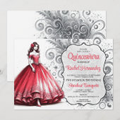 Invitation Fille rouge pour Quinceañera (Devant / Derrière)