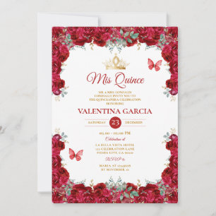 Invitation Fille Rouge Quinceañera 15 Ans Fleurs Couronne Dor