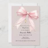 Invitation Fille ruban rose perles taupe Baptême (Devant)
