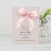 Invitation Fille ruban rose perles taupe Baptême (Debout devant)