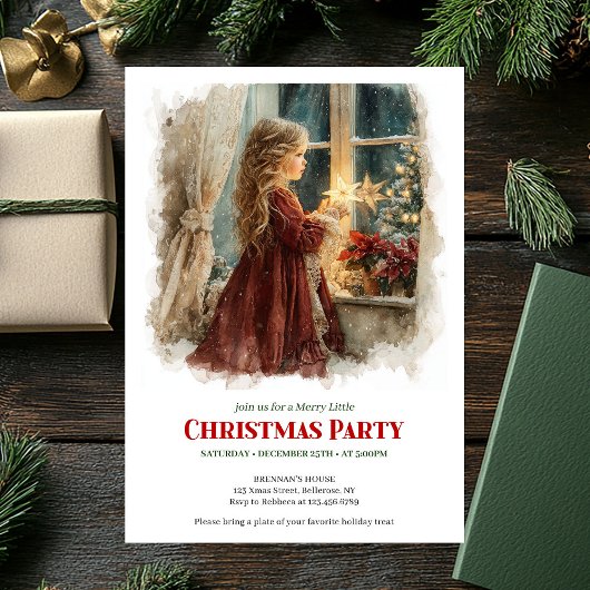 Invitation Fille rustique attendant le Père Noël imprimable N