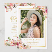 Invitation Fille Rustique Floral Gold Photo Party (Devant / Derrière)