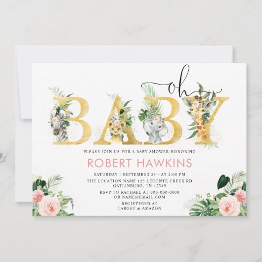 Invitation Fille Safari animal modifiable Oh Baby shower (Devant)
