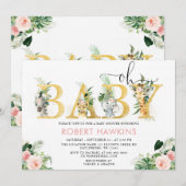 Invitation Fille Safari animal modifiable Oh Baby shower (Devant / Derrière)