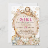 Invitation Fille Safari Animaux Baby shower rose (Devant)