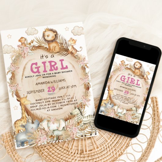 Invitation Fille Safari Animaux Baby shower rose