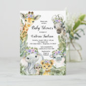 Invitation Fille Safari Baby shower violet Floral (Debout devant)