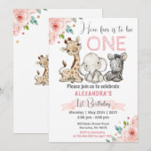 Invitation Fille Safari Bébé Animaux 1er Anniversaire Invitat (Devant / Derrière)