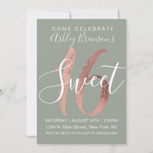 Invitation Fille Sage Green Rose Gold Foil Sweet 16 (Devant)