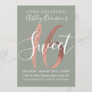 Invitation Fille Sage Green Rose Gold Foil Sweet 16