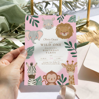 Invitation Fille Sauvage Safari Rose 1er Anniversaire