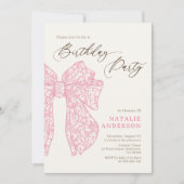 Invitation Fille Script rose floral dentelle bow fête d'anniv (Devant)