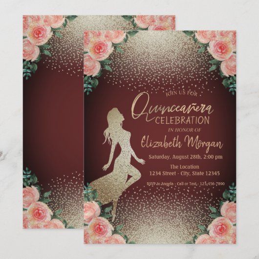Invitation Fille Silhouette, Confetti Floral Quinceañera (Devant / Derrière)