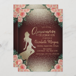 Invitation Fille Silhouette, Confetti Floral Quinceañera