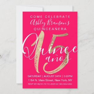 Invitation Fille simple Neon Pink Gold Foil Quinceañera