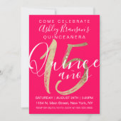 Invitation Fille simple Neon rose Or Pink Poil Quinceañera (Devant)