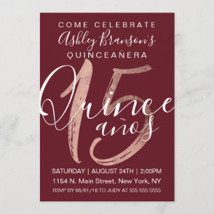 Invitation Fille simple Rose Bourgogne or Foil Quinceañera