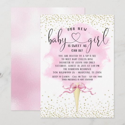 Invitation Fille Sip et voir le Baby shower de bonbons en cot (Devant / Derrière)