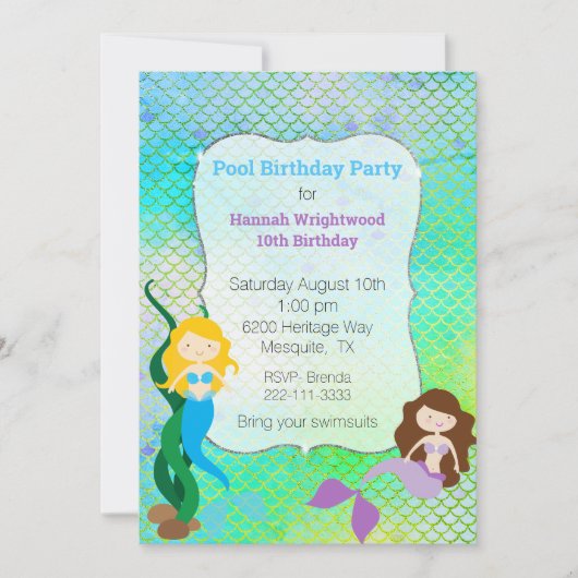 Invitation Fille Sirène Anniversaire Pool Party (Devant)