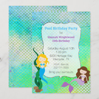 Invitation Fille Sirène Anniversaire Pool Party