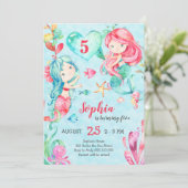 Invitation Fille Sirène Anniversaire sous la mer mignon rose  (Debout devant)