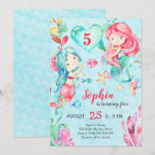 Invitation Fille Sirène Anniversaire sous la mer mignon rose  (Devant / Derrière)