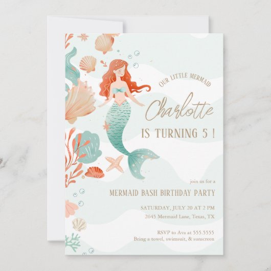 Invitation Fille Sirène Bash fête d'anniversaire Corail vert (Devant)