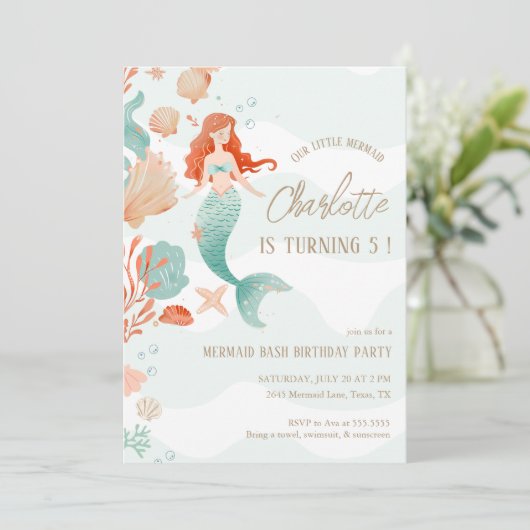Invitation Fille Sirène Bash fête d'anniversaire Corail vert (Debout devant)