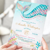 Invitation Fille Sirène lunaire Baby shower Turquoise Or rose