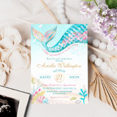 Invitation Fille Sirène lunaire Baby shower Turquoise Or rose