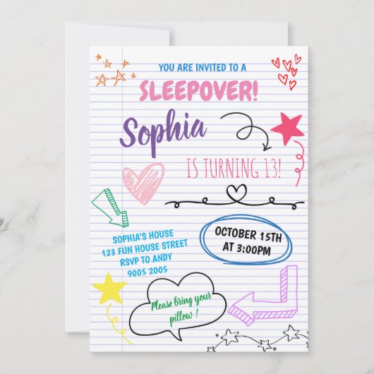 Invitation Fille Sleepover Ado Fête Enfants Stwood Anniversai (Devant)