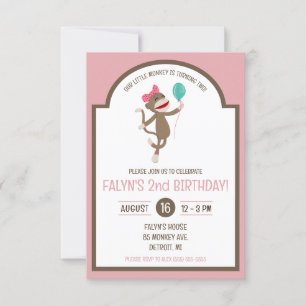 Invitation Fille Sock Singe avec Balloon fête d'anniversaire